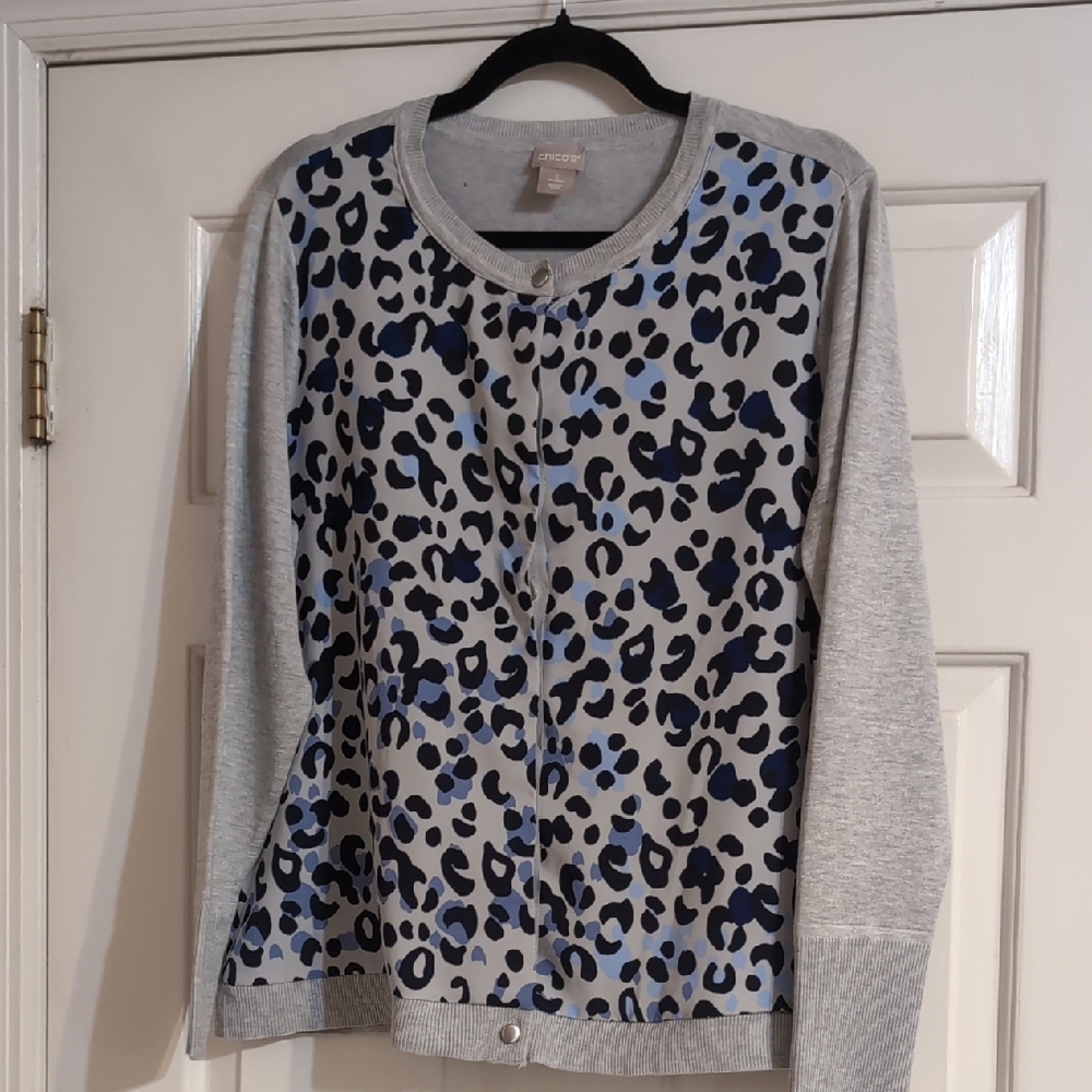 NWT - Chico's Gray and Blue Leopard Print Women's Cardigan